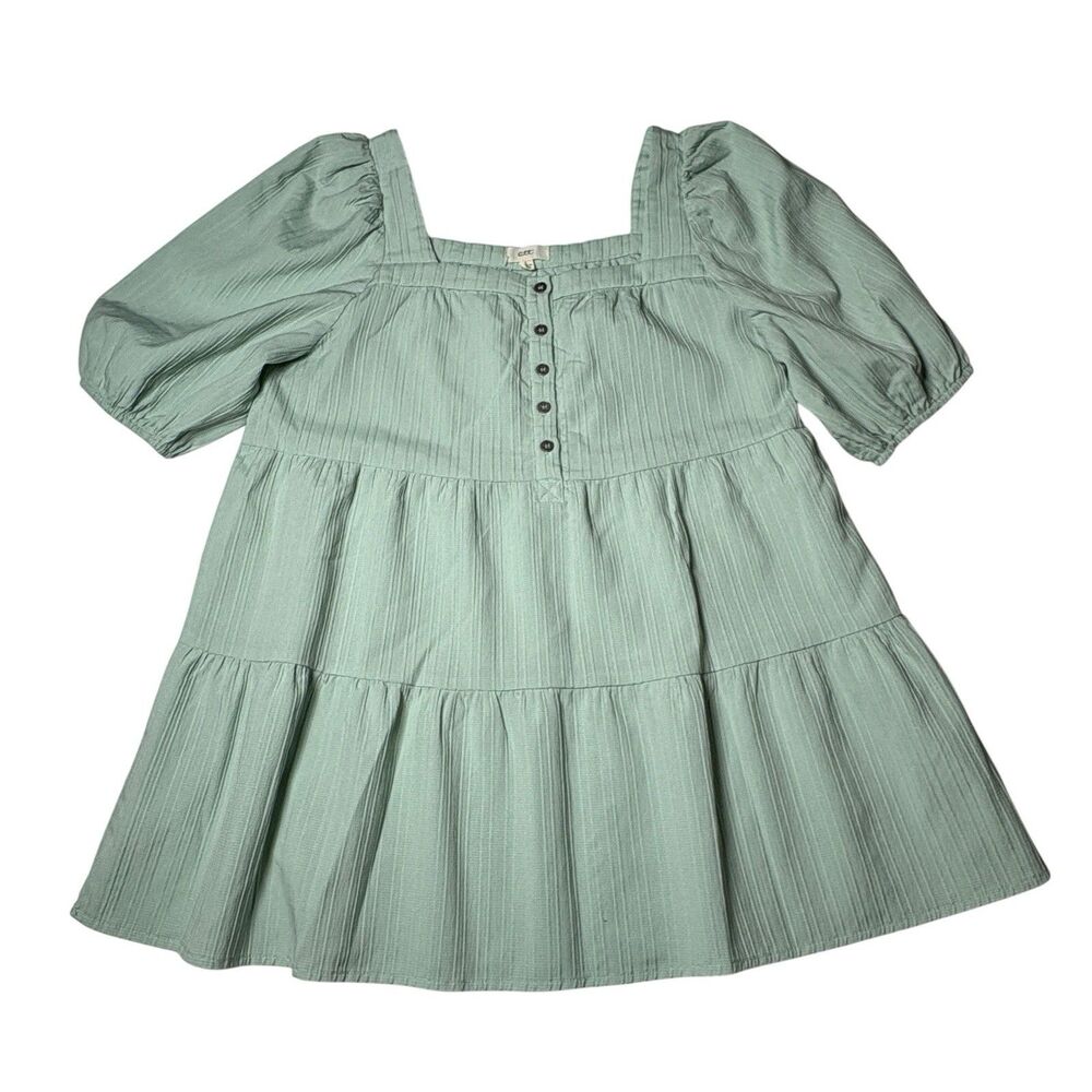 OTT Women's Large Sage Green Babydoll Blouse Puff Sleeve Textured Tiered Top